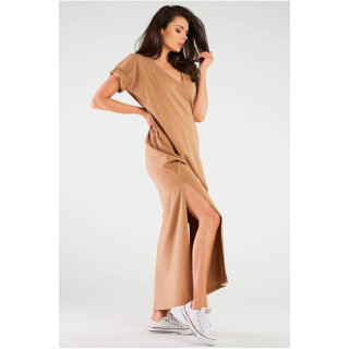 Bež maxi obleka z razporki