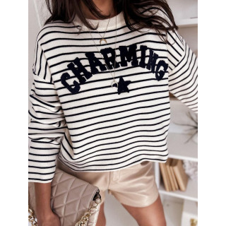 Črtast ženski pulover z všitim napisom