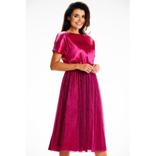 Ženska roza midi obleka z elastiko v pasu