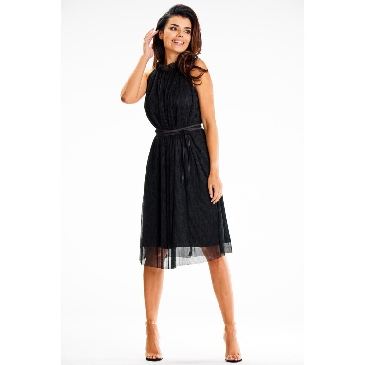 Črna mrežasta midi obleka s pasom