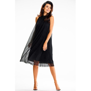 Črna mrežasta midi obleka s pasom