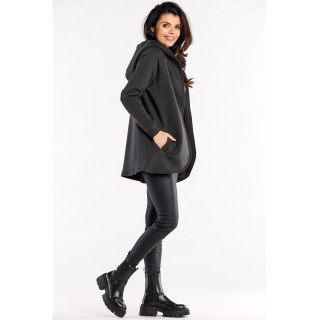 Temno siv zaobljen ženski pulover s kapuco