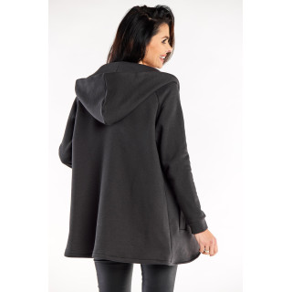 Temno siv zaobljen ženski pulover s kapuco