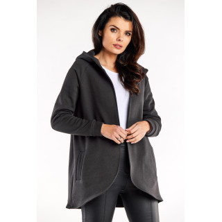 Temno siv zaobljen ženski pulover s kapuco