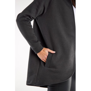 Temno siv zaobljen ženski pulover s kapuco