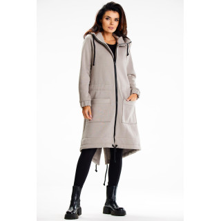 Ženski dolg siv pulover s kapuco