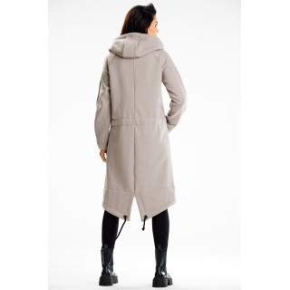 Ženski dolg siv pulover s kapuco