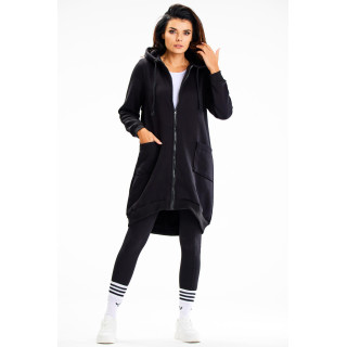 Črn dolg ženski pulover s kapuco