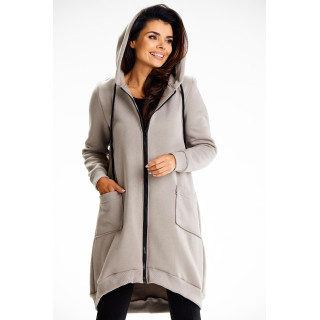 Ženski dolg siv pulover s kapuco