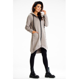 Ženski dolg siv pulover s kapuco