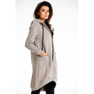 Ženski dolg siv pulover s kapuco