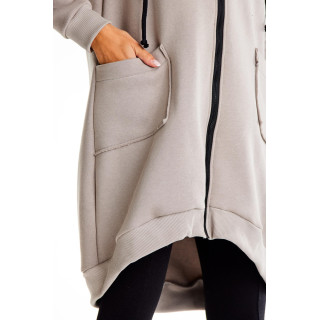 Ženski dolg siv pulover s kapuco