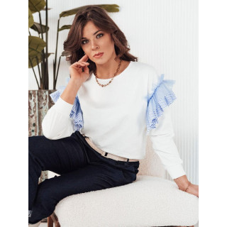 Ženski bel pulover z okrasnimi volančki