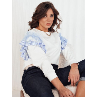 Ženski bel pulover z okrasnimi volančki