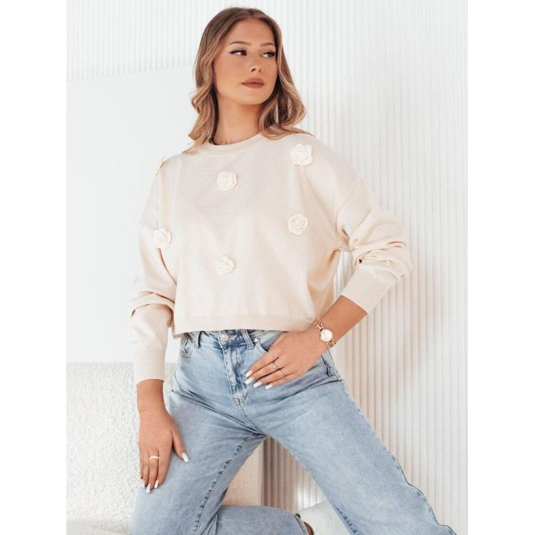 Ženski pulover v bež barvi z rožicami