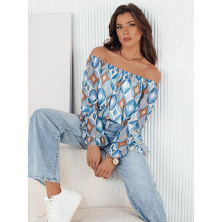 Vzorčasta svetlo modra bluza z golimi rameni