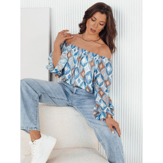 Vzorčasta svetlo modra bluza z golimi rameni