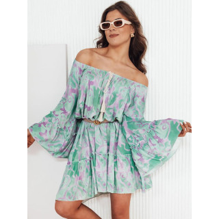 Zelena vzorčasta obleka s širokimi rokavi