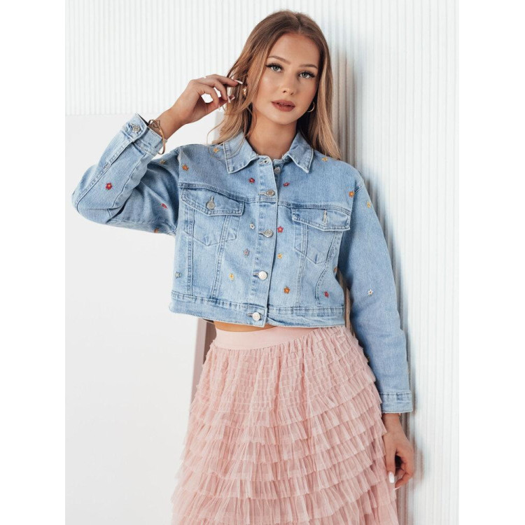 Ženska svetlo modra denim jakna z rožicami