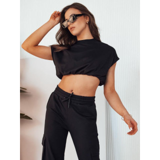 Črn ženski komplet s hlačami in kratkim topom