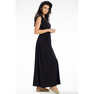 Maxi črna obleka z volančki na ramenih