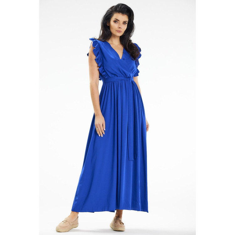 Modra maksi obleka z volančki na ramenih
