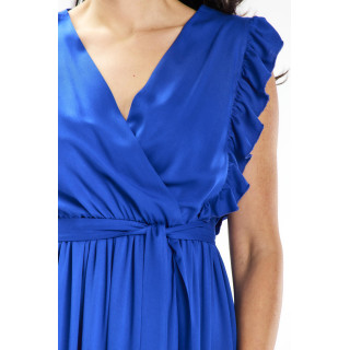 Modra maksi obleka z volančki na ramenih