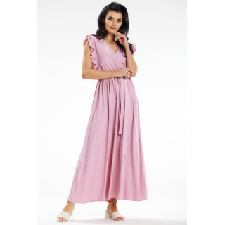 Ženska roza maxi obleka z volančki na ramenih