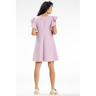 Ženska roza mini obleka z volančki na ramenih