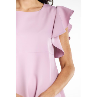 Ženska roza mini obleka z volančki na ramenih