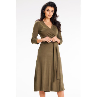 Midi obleka s pasom v kaki barvi