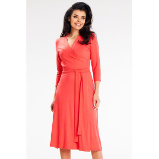 Koralna midi obleka s pasom
