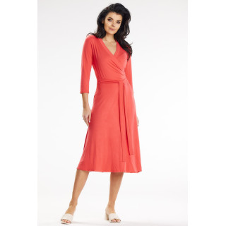 Koralna midi obleka s pasom