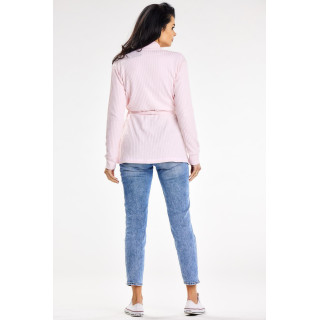 Ohlapen roza ženski pulover s pasom