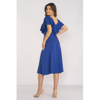 Modra elegantna ženska obleka z volanom
