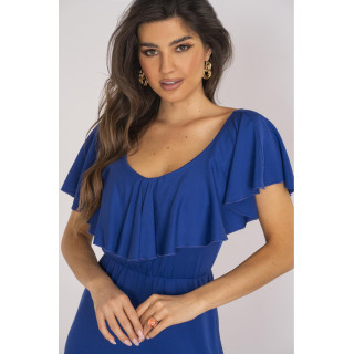 Modra elegantna ženska obleka z volanom