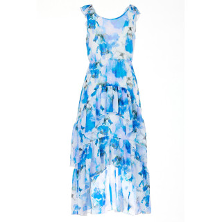 Modra asimetrična obleka z volančki