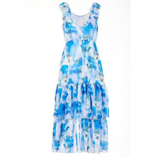 Modra asimetrična obleka z volančki