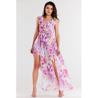 Šifon obleka z rožicami v vijolični barvi