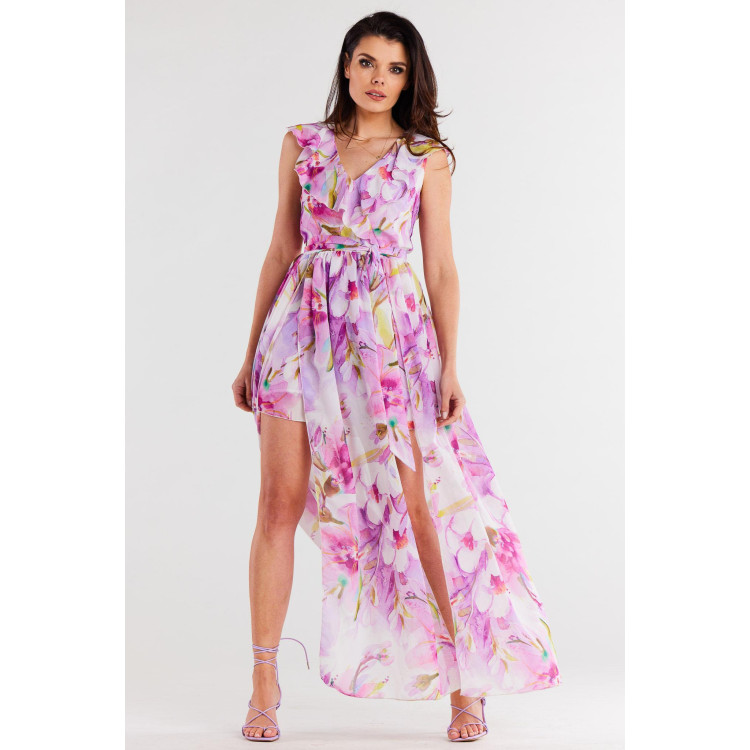 Šifon obleka z rožicami v vijolični barvi