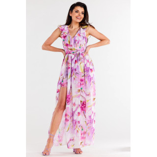 Šifon obleka z rožicami v vijolični barvi