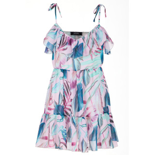 Ženska kratka obleka s tropskim vzorcem