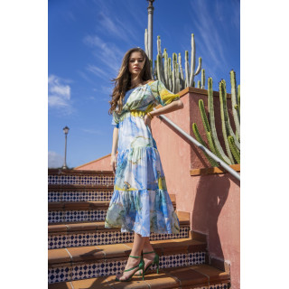 Ženska dolga modra obleka z volančki