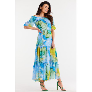 Ženska dolga modra obleka z volančki