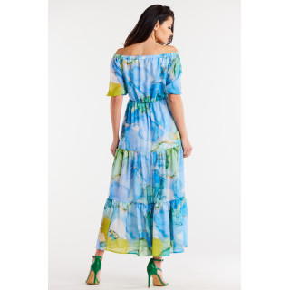 Ženska dolga modra obleka z volančki