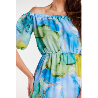 Ženska dolga modra obleka z volančki