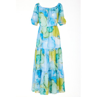 Ženska dolga modra obleka z volančki