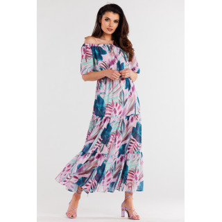 Dolga roza obleka s tropskim vzorcem