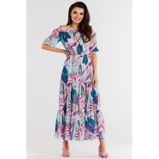 Dolga roza obleka s tropskim vzorcem