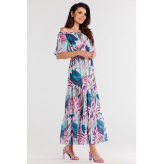 Dolga roza obleka s tropskim vzorcem